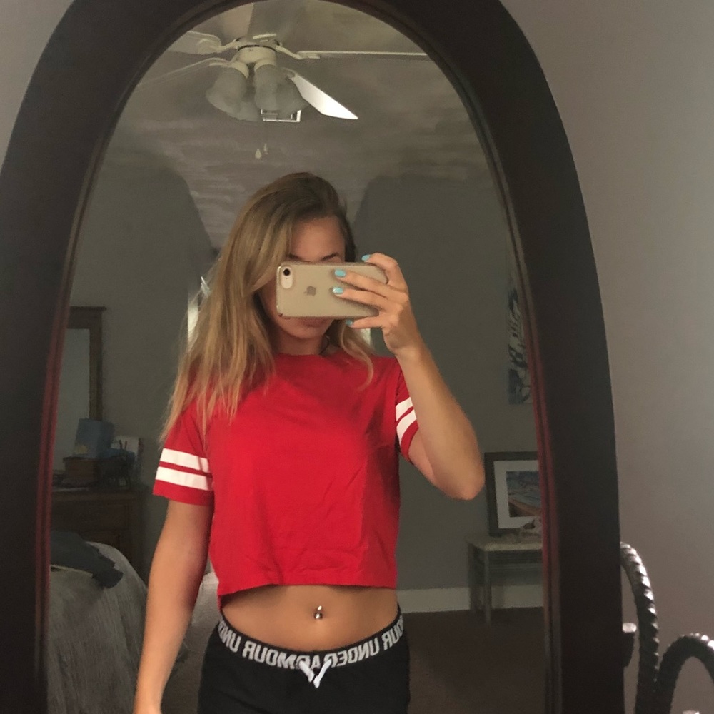 Red Crop top with White stripped short sleeves.